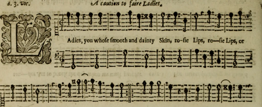 An illustration from Ayres and dialogues, : for one, two, and three voyces, 1653, leaf 83