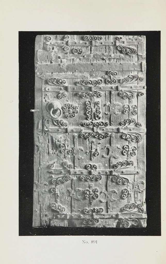 An illustration from Catalogue of the highly interesting and valuable collection of authentic Spanish antiques formed by Señor Luis Ruiz... : silver cathedral lanterns of the XVII century, the very rare carpets of the XVI & XVII century, the primitive paintings with their Gothic frames, also the wood and stone carvings, the Barguenos, cabinets, chests and chairs, the iron work and the old laces and fabrics, 1921, leaf 0