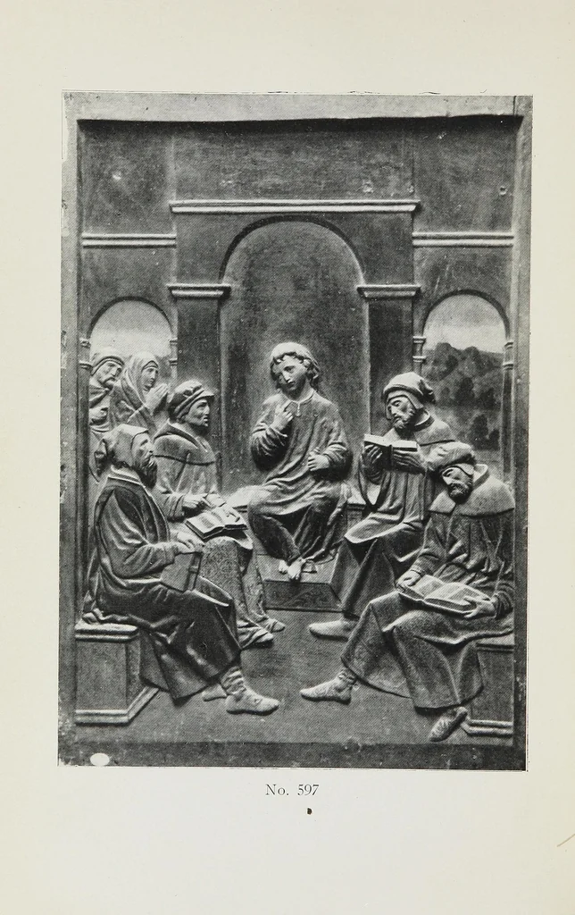 An illustration from Catalogue of the highly interesting and valuable collection of authentic Spanish antiques formed by Señor Luis Ruiz... : silver cathedral lanterns of the XVII century, the very rare carpets of the XVI & XVII century, the primitive paintings with their Gothic frames, also the wood and stone carvings, the Barguenos, cabinets, chests and chairs, the iron work and the old laces and fabrics, 1921, leaf 32