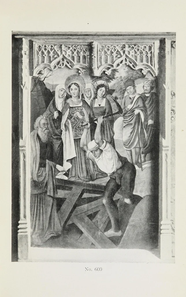 An illustration from Catalogue of the highly interesting and valuable collection of authentic Spanish antiques formed by Señor Luis Ruiz... : silver cathedral lanterns of the XVII century, the very rare carpets of the XVI & XVII century, the primitive paintings with their Gothic frames, also the wood and stone carvings, the Barguenos, cabinets, chests and chairs, the iron work and the old laces and fabrics, 1921, leaf 49