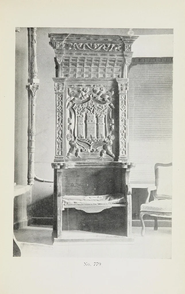 An illustration from Catalogue of the highly interesting and valuable collection of authentic Spanish antiques formed by Señor Luis Ruiz... : silver cathedral lanterns of the XVII century, the very rare carpets of the XVI & XVII century, the primitive paintings with their Gothic frames, also the wood and stone carvings, the Barguenos, cabinets, chests and chairs, the iron work and the old laces and fabrics, 1921, leaf 63