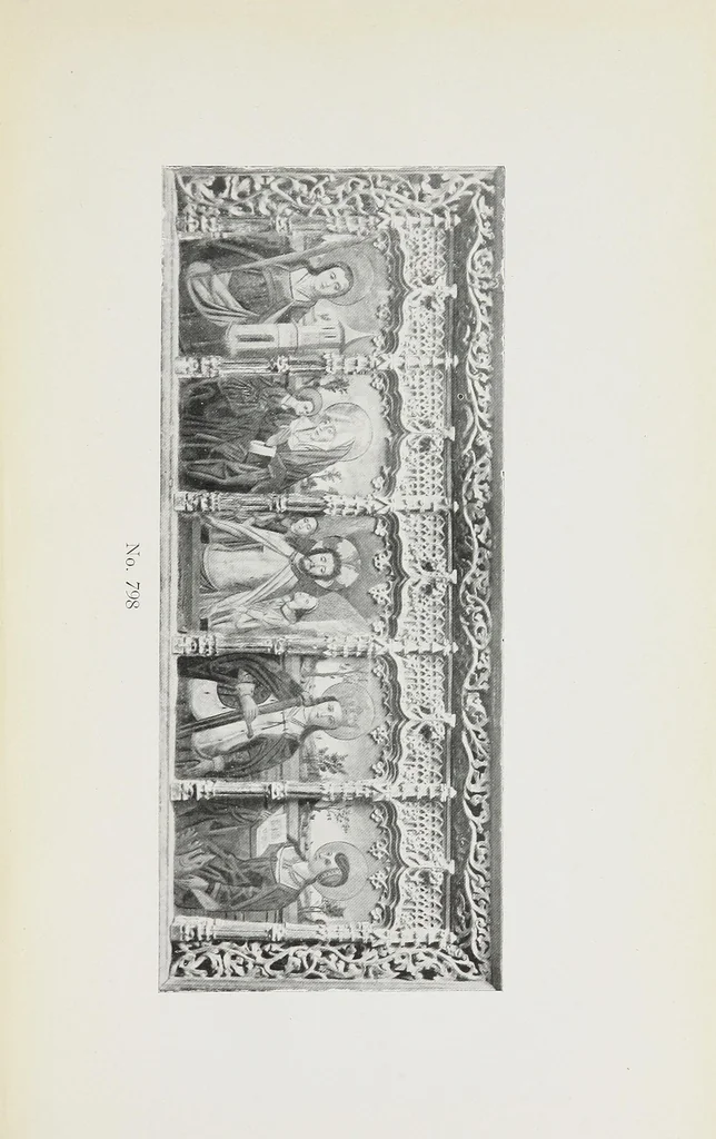 An illustration from Catalogue of the highly interesting and valuable collection of authentic Spanish antiques formed by Señor Luis Ruiz... : silver cathedral lanterns of the XVII century, the very rare carpets of the XVI & XVII century, the primitive paintings with their Gothic frames, also the wood and stone carvings, the Barguenos, cabinets, chests and chairs, the iron work and the old laces and fabrics, 1921, leaf 79