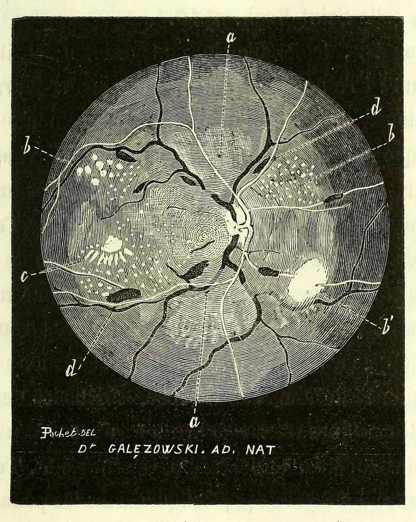 An illustration from Du diagnostic des maladies des yeux par la chromatoscopie rétinienne : précédé d'une étude sur les lois physiques et physiologiques des couleurs / par X. Galezowski, 1868, leaf 187