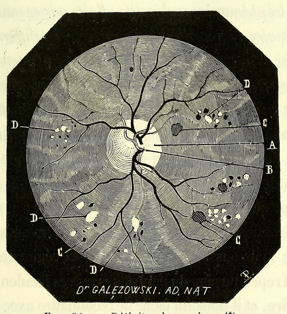 An illustration from Du diagnostic des maladies des yeux par la chromatoscopie rétinienne : précédé d'une étude sur les lois physiques et physiologiques des couleurs / par X. Galezowski, 1868, leaf 195