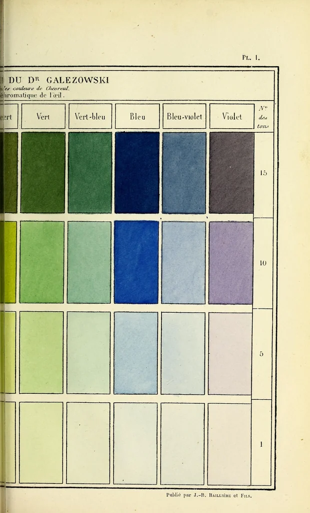 An illustration from Du diagnostic des maladies des yeux par la chromatoscopie rétinienne : précédé d'une étude sur les lois physiques et physiologiques des couleurs / par X. Galezowski, 1868, leaf 271