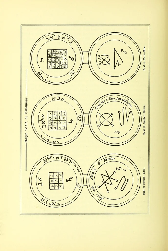 An illustration from The book of the magi : a complete system of occult philosophy, consisting of natural, celestial, cabalistic, and ceremonial magic ; invocations ; conjurations of spirits, &c., &c. ; biographical sketch of seventeen great philosophers and adepts, 1896, leaf 144