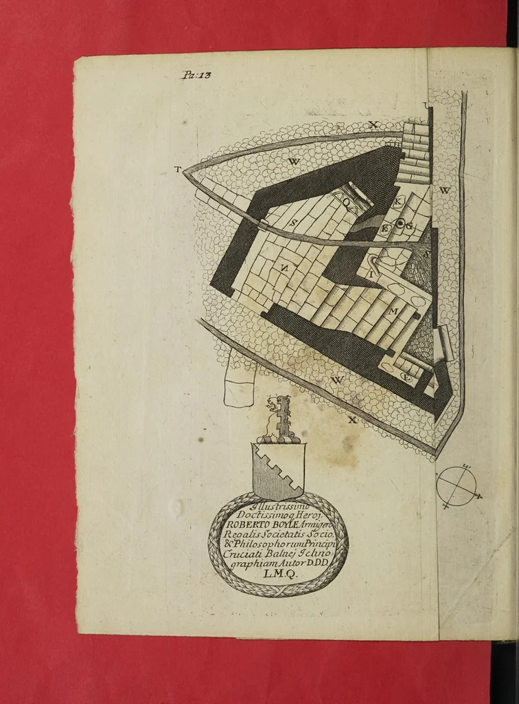 An illustration from De thermis Britannicis tractatus. Accesserunt observationes hydrostaticae, chromaticae & miscellaneae, uniuscujusque balnei apud Bathoniam naturam, proprietatem & distinctionem, curatius exhibentes, 1691, leaf 54