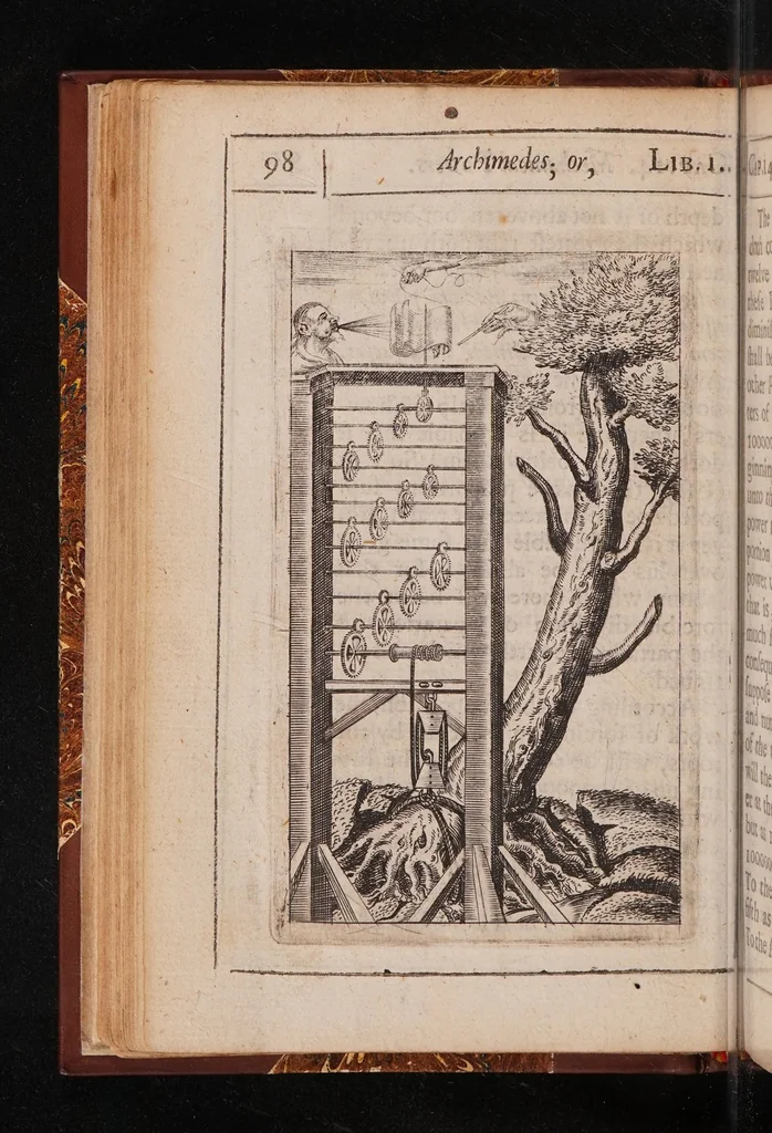 An illustration from Mathematicall magick. Or, the wonders that may be performed by mechanicall geometry. In two books. Concerning mechanicall powers [and] motions. Being one of the most easie, pleasant, usefull, (and yet most neglected) part of mathematicks. Not before treated of in this language, 1648, leaf 126
