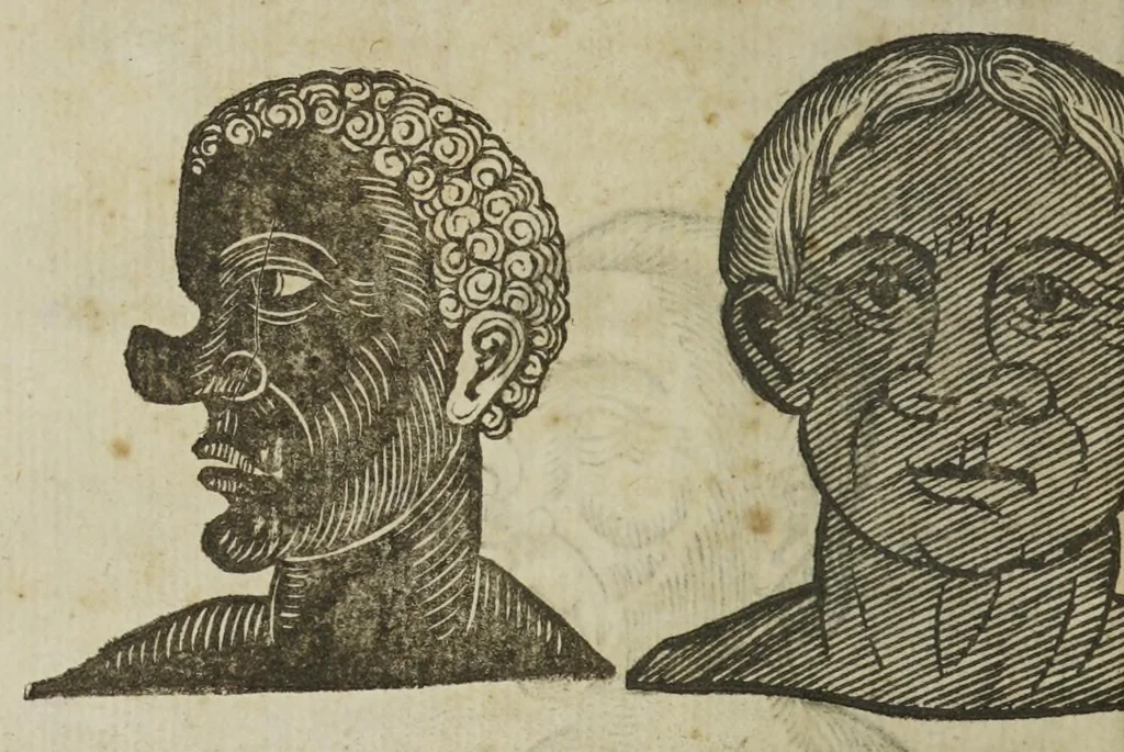 An illustration from Anthropometamorphosis: man transform'd; or, the artificial changeling. Historically presented, in the mad and cruel gallantry, foolish bravery, ridiculous beauty, filthy finenesse, and loathsome lovelinesse of most nations, fashioning and altering their bodies from the mould intended by nature. With a vindication of the regular beauty and honesty of nature. And an appendix of the pedigree of the English gallant, 1653, leaf 182