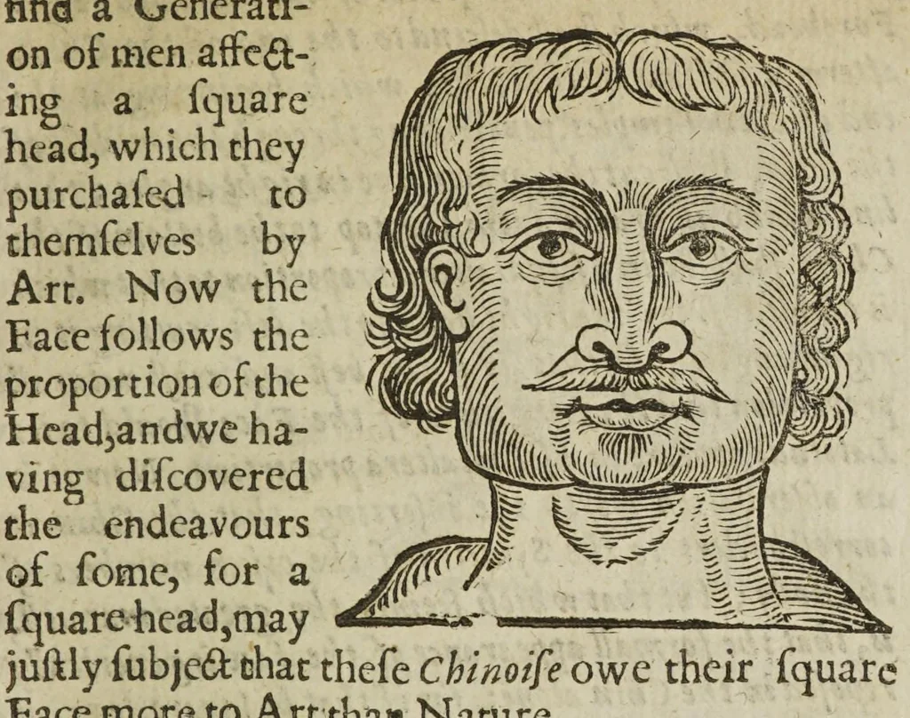 An illustration from Anthropometamorphosis: man transform'd; or, the artificial changeling. Historically presented, in the mad and cruel gallantry, foolish bravery, ridiculous beauty, filthy finenesse, and loathsome lovelinesse of most nations, fashioning and altering their bodies from the mould intended by nature. With a vindication of the regular beauty and honesty of nature. And an appendix of the pedigree of the English gallant, 1653, leaf 303