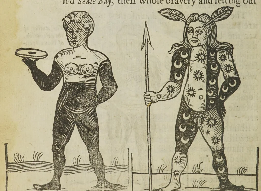 An illustration from Anthropometamorphosis: man transform'd; or, the artificial changeling. Historically presented, in the mad and cruel gallantry, foolish bravery, ridiculous beauty, filthy finenesse, and loathsome lovelinesse of most nations, fashioning and altering their bodies from the mould intended by nature. With a vindication of the regular beauty and honesty of nature. And an appendix of the pedigree of the English gallant, 1653, leaf 520