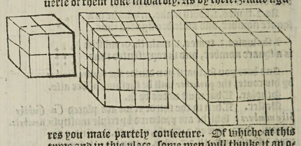 An illustration from The whetstone of witte, whiche is the seconde parte of arithmetike: containyng thextraction of rootes: the cossike practise, with the rule of Equation: and the woorkes of surde nombers, 1557, leaf 84