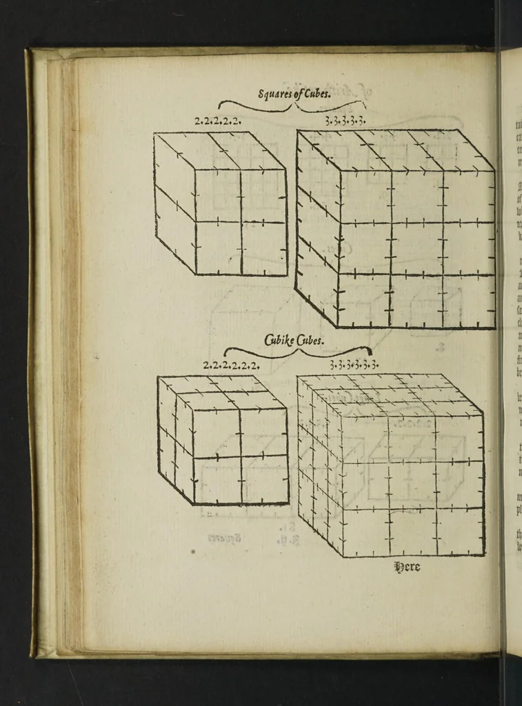 An illustration from The whetstone of witte, whiche is the seconde parte of arithmetike: containyng thextraction of rootes: the cossike practise, with the rule of Equation: and the woorkes of surde nombers, 1557, leaf 94