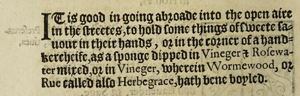 An illustration from Orders, thought meete by Her Maiestie, and her priuie Councell, to be executed throughout the counties of this realme, in such townes, villages, and other places, as are, or may be hereafter infected with the plague, for the stay of further increase of the same. Also, an aduise set downe vpon Her Maiesties expresse commaundement, by the best learned in physicke within this realme, contayning sundry good rules and easie medicines. Without charge to the meaner sort of people, aswell for the preseruation of her good subiects from the plague before infection, as for the curing and ordring of them after they shalbe infected, 1578, leaf 22