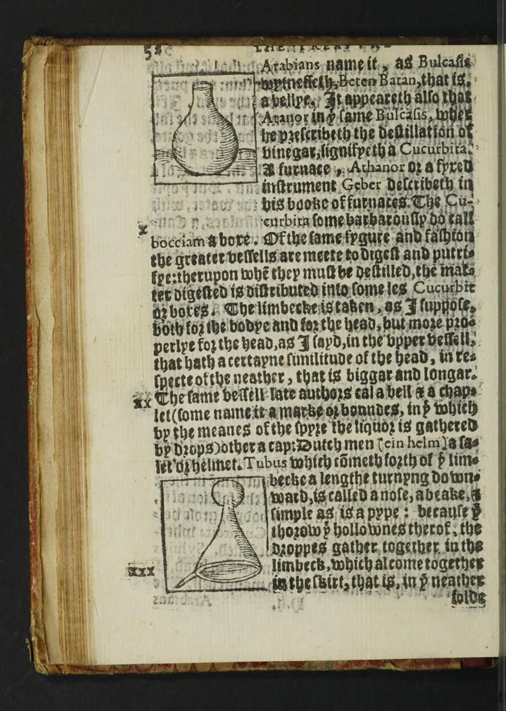 An illustration from A new booke of destillatyon of waters, called the Treasure of Euonymus, containing the wonderful hid secrets of nature, touching the most apt formes to prepare & distill medicines, for the conservation of helth: as quintessence, aurum potabile, hyppocras, aromaticall wynes, balmes, oyles, perfumes ... Whereunto are joyned the formes of sondry apt furnaces, and vessels ..., 1565, leaf 64