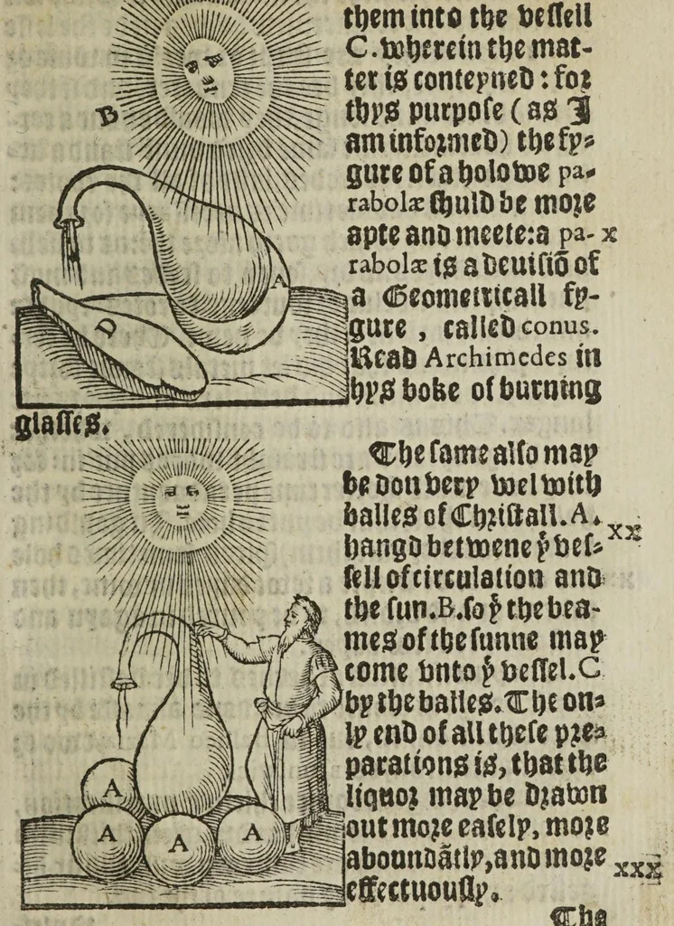 An illustration from A new booke of destillatyon of waters, called the Treasure of Euonymus, containing the wonderful hid secrets of nature, touching the most apt formes to prepare & distill medicines, for the conservation of helth: as quintessence, aurum potabile, hyppocras, aromaticall wynes, balmes, oyles, perfumes ... Whereunto are joyned the formes of sondry apt furnaces, and vessels ..., 1565, leaf 83