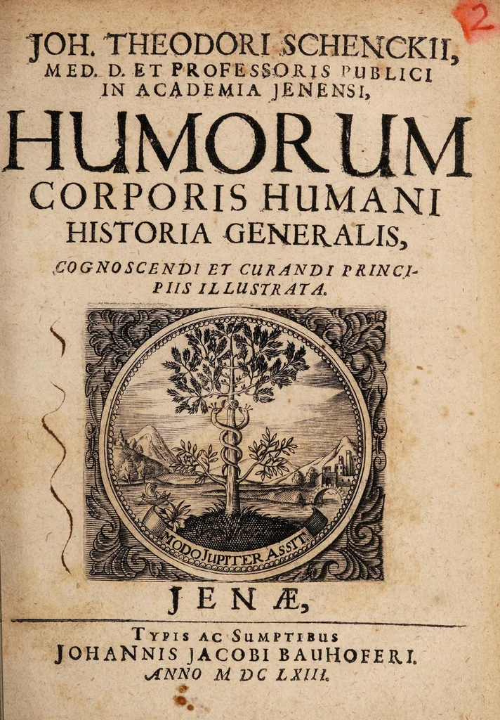 An illustration from Joh. Theodori Schenckii, Med. D. et Professoris Publici in Academia Jenensi, Humorum corporis humani historia generalis, cognoscendi et curandi principiis illustrata, 1663, leaf 1