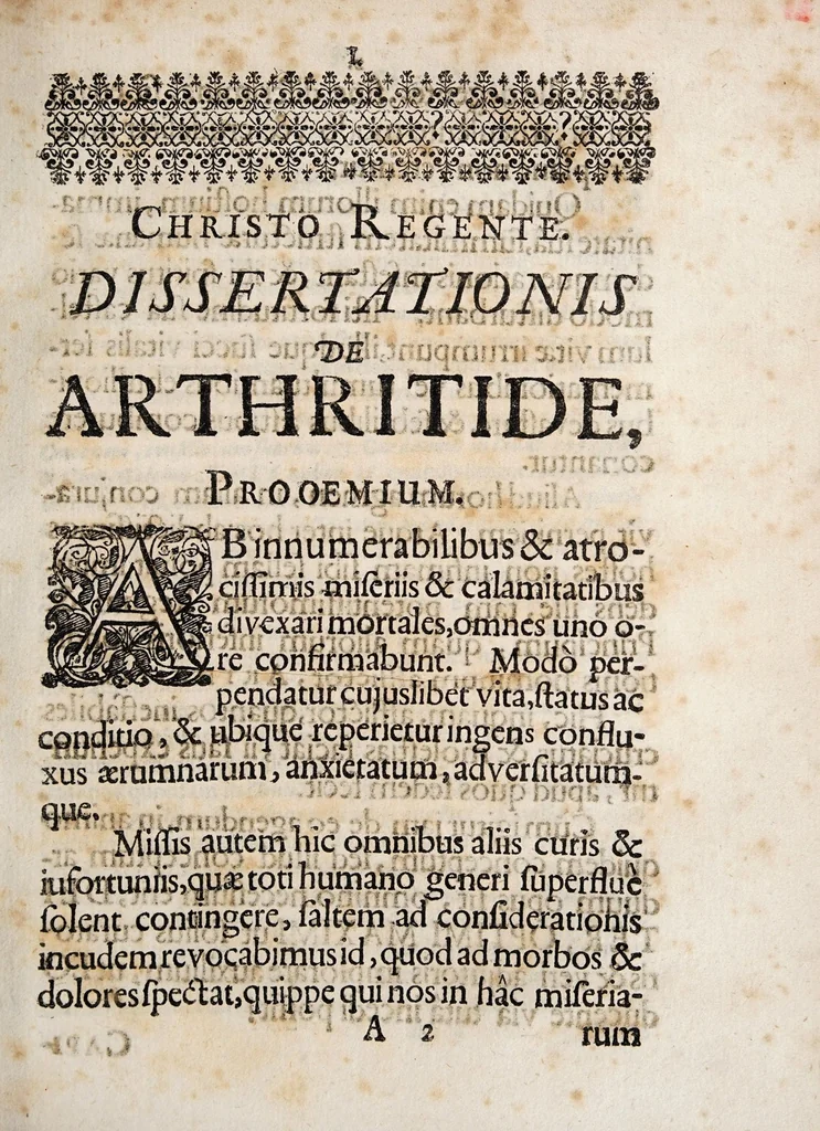 An illustration from Decreto & authoritate illustris & gratiosissimae Facultatis Medicae in Athenaeo Salano florentissimo, Moderante ... Dn. Johanne Theodoro Schenckio, ... Hanc dissertationem inauguralem de arthritide, pro supremis in arte médicâ honoribus, privilegiisque Doctoralibus ... consequendis, ad diem Novembris, M. DC. LXXI ..., 1671, leaf 3