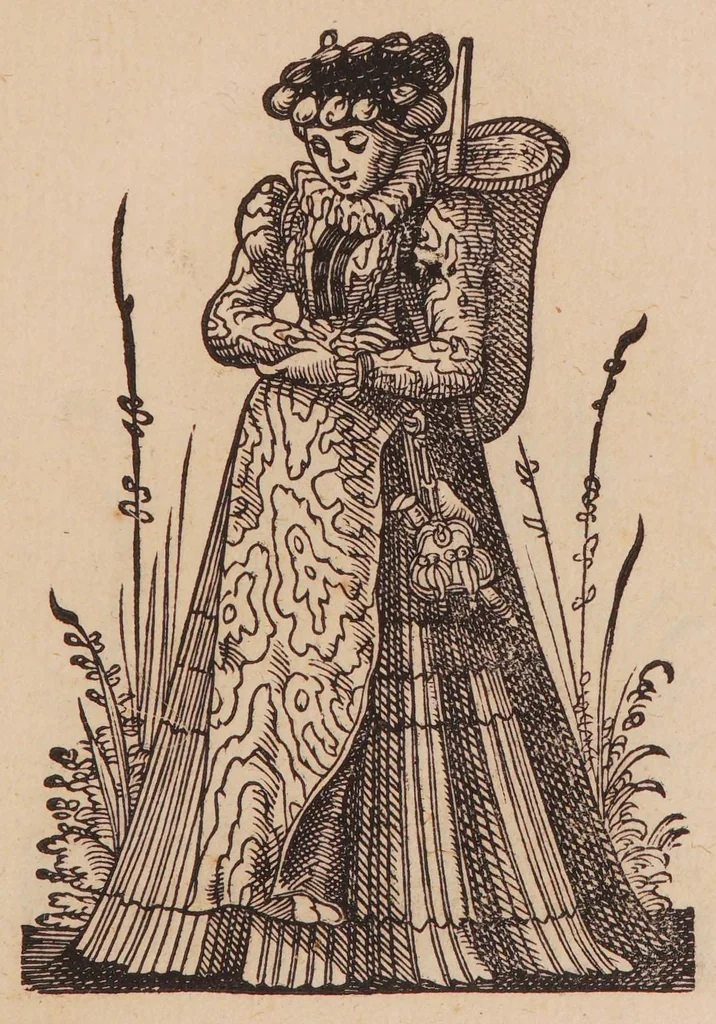 An illustration from Im Frauwenzimmer Wirt vermeldt von allerley schönen Kleidungen unnd Trachten der Weiber, hohes und niders Stands, wie Man fast an allen Orten geschmückt unnd gezieret ist ... Sampt einer kurtzen Beschreibung durch den wolgelehrten Thrasibulum Torrentinum Mutislariensem allen ehrliebenden Frauwen und Jungfrauwen zu ehren in Rheimem verfasst, 1586, leaf 101