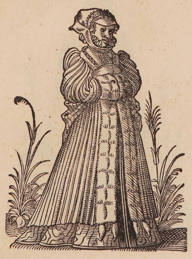 An illustration from Im Frauwenzimmer Wirt vermeldt von allerley schönen Kleidungen unnd Trachten der Weiber, hohes und niders Stands, wie Man fast an allen Orten geschmückt unnd gezieret ist ... Sampt einer kurtzen Beschreibung durch den wolgelehrten Thrasibulum Torrentinum Mutislariensem allen ehrliebenden Frauwen und Jungfrauwen zu ehren in Rheimem verfasst, 1586, leaf 103