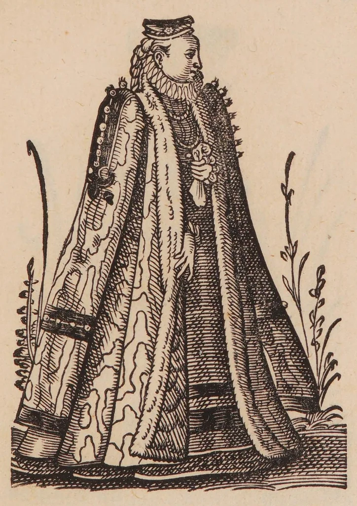 An illustration from Im Frauwenzimmer Wirt vermeldt von allerley schönen Kleidungen unnd Trachten der Weiber, hohes und niders Stands, wie Man fast an allen Orten geschmückt unnd gezieret ist ... Sampt einer kurtzen Beschreibung durch den wolgelehrten Thrasibulum Torrentinum Mutislariensem allen ehrliebenden Frauwen und Jungfrauwen zu ehren in Rheimem verfasst, 1586, leaf 105