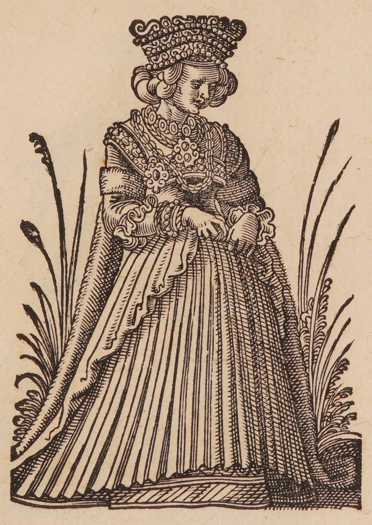 An illustration from Im Frauwenzimmer Wirt vermeldt von allerley schönen Kleidungen unnd Trachten der Weiber, hohes und niders Stands, wie Man fast an allen Orten geschmückt unnd gezieret ist ... Sampt einer kurtzen Beschreibung durch den wolgelehrten Thrasibulum Torrentinum Mutislariensem allen ehrliebenden Frauwen und Jungfrauwen zu ehren in Rheimem verfasst, 1586, leaf 107