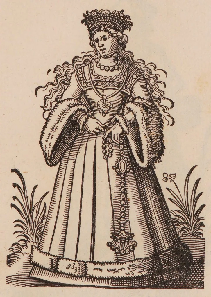 An illustration from Im Frauwenzimmer Wirt vermeldt von allerley schönen Kleidungen unnd Trachten der Weiber, hohes und niders Stands, wie Man fast an allen Orten geschmückt unnd gezieret ist ... Sampt einer kurtzen Beschreibung durch den wolgelehrten Thrasibulum Torrentinum Mutislariensem allen ehrliebenden Frauwen und Jungfrauwen zu ehren in Rheimem verfasst, 1586, leaf 109