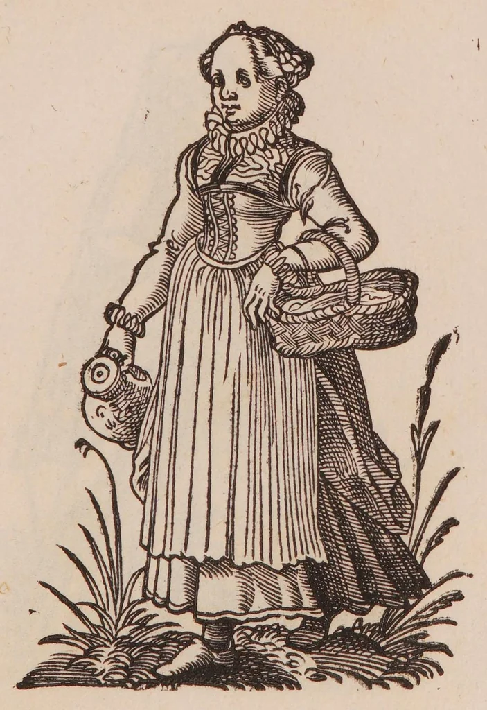 An illustration from Im Frauwenzimmer Wirt vermeldt von allerley schönen Kleidungen unnd Trachten der Weiber, hohes und niders Stands, wie Man fast an allen Orten geschmückt unnd gezieret ist ... Sampt einer kurtzen Beschreibung durch den wolgelehrten Thrasibulum Torrentinum Mutislariensem allen ehrliebenden Frauwen und Jungfrauwen zu ehren in Rheimem verfasst, 1586, leaf 111