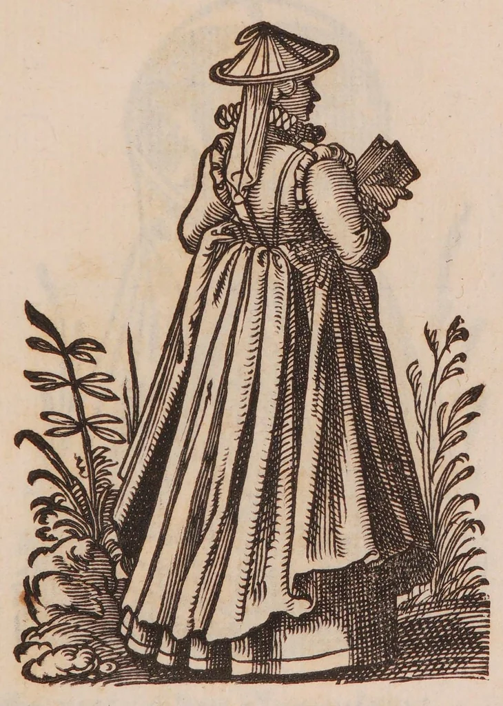 An illustration from Im Frauwenzimmer Wirt vermeldt von allerley schönen Kleidungen unnd Trachten der Weiber, hohes und niders Stands, wie Man fast an allen Orten geschmückt unnd gezieret ist ... Sampt einer kurtzen Beschreibung durch den wolgelehrten Thrasibulum Torrentinum Mutislariensem allen ehrliebenden Frauwen und Jungfrauwen zu ehren in Rheimem verfasst, 1586, leaf 121