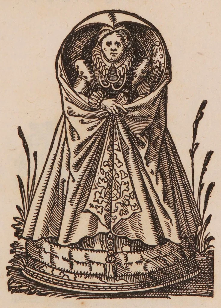 An illustration from Im Frauwenzimmer Wirt vermeldt von allerley schönen Kleidungen unnd Trachten der Weiber, hohes und niders Stands, wie Man fast an allen Orten geschmückt unnd gezieret ist ... Sampt einer kurtzen Beschreibung durch den wolgelehrten Thrasibulum Torrentinum Mutislariensem allen ehrliebenden Frauwen und Jungfrauwen zu ehren in Rheimem verfasst, 1586, leaf 123