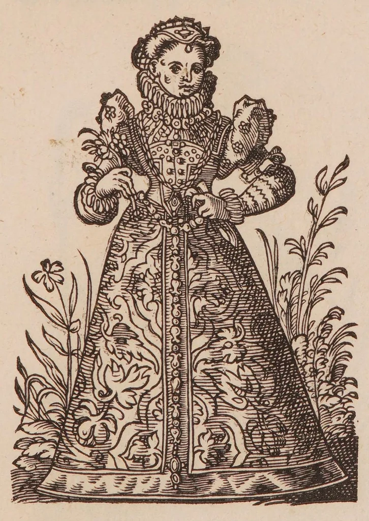 An illustration from Im Frauwenzimmer Wirt vermeldt von allerley schönen Kleidungen unnd Trachten der Weiber, hohes und niders Stands, wie Man fast an allen Orten geschmückt unnd gezieret ist ... Sampt einer kurtzen Beschreibung durch den wolgelehrten Thrasibulum Torrentinum Mutislariensem allen ehrliebenden Frauwen und Jungfrauwen zu ehren in Rheimem verfasst, 1586, leaf 145