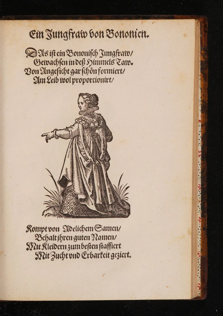 An illustration from Im Frauwenzimmer Wirt vermeldt von allerley schönen Kleidungen unnd Trachten der Weiber, hohes und niders Stands, wie Man fast an allen Orten geschmückt unnd gezieret ist ... Sampt einer kurtzen Beschreibung durch den wolgelehrten Thrasibulum Torrentinum Mutislariensem allen ehrliebenden Frauwen und Jungfrauwen zu ehren in Rheimem verfasst, 1586, leaf 163
