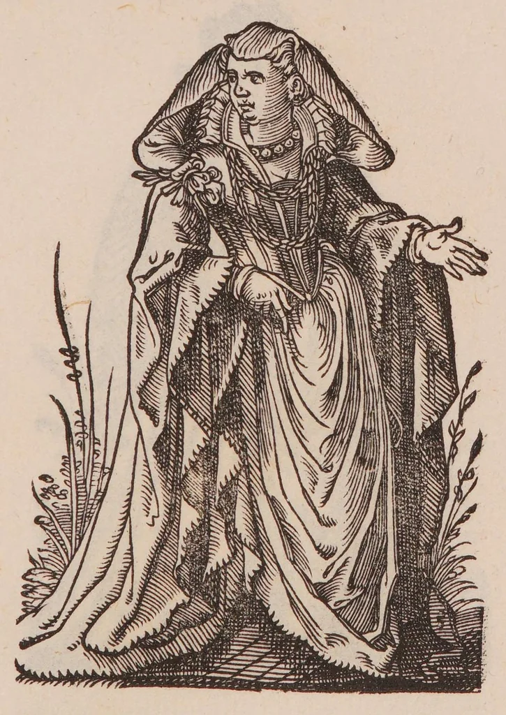 An illustration from Im Frauwenzimmer Wirt vermeldt von allerley schönen Kleidungen unnd Trachten der Weiber, hohes und niders Stands, wie Man fast an allen Orten geschmückt unnd gezieret ist ... Sampt einer kurtzen Beschreibung durch den wolgelehrten Thrasibulum Torrentinum Mutislariensem allen ehrliebenden Frauwen und Jungfrauwen zu ehren in Rheimem verfasst, 1586, leaf 191