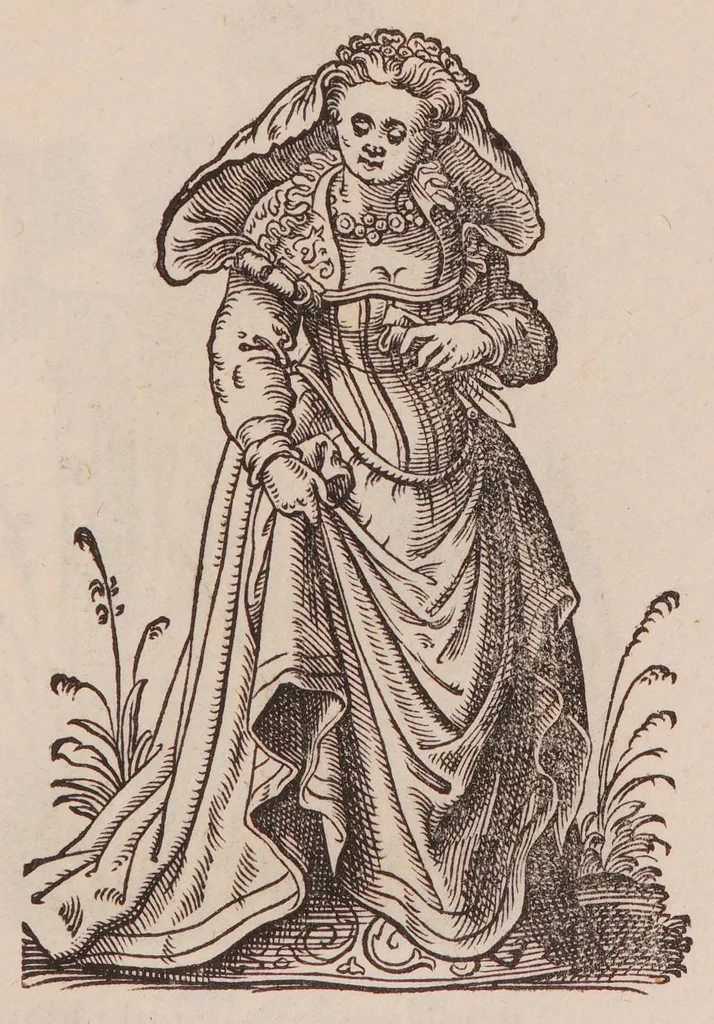 An illustration from Im Frauwenzimmer Wirt vermeldt von allerley schönen Kleidungen unnd Trachten der Weiber, hohes und niders Stands, wie Man fast an allen Orten geschmückt unnd gezieret ist ... Sampt einer kurtzen Beschreibung durch den wolgelehrten Thrasibulum Torrentinum Mutislariensem allen ehrliebenden Frauwen und Jungfrauwen zu ehren in Rheimem verfasst, 1586, leaf 195
