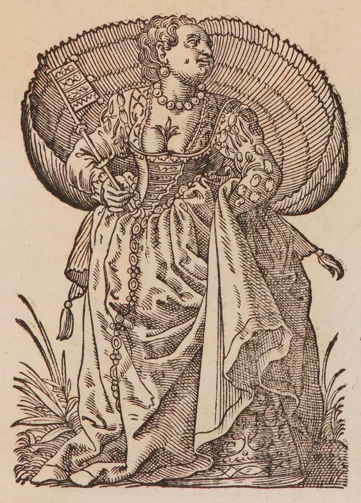 An illustration from Im Frauwenzimmer Wirt vermeldt von allerley schönen Kleidungen unnd Trachten der Weiber, hohes und niders Stands, wie Man fast an allen Orten geschmückt unnd gezieret ist ... Sampt einer kurtzen Beschreibung durch den wolgelehrten Thrasibulum Torrentinum Mutislariensem allen ehrliebenden Frauwen und Jungfrauwen zu ehren in Rheimem verfasst, 1586, leaf 199