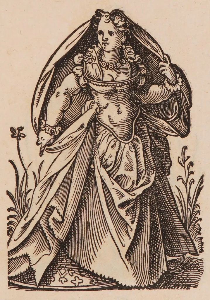 An illustration from Im Frauwenzimmer Wirt vermeldt von allerley schönen Kleidungen unnd Trachten der Weiber, hohes und niders Stands, wie Man fast an allen Orten geschmückt unnd gezieret ist ... Sampt einer kurtzen Beschreibung durch den wolgelehrten Thrasibulum Torrentinum Mutislariensem allen ehrliebenden Frauwen und Jungfrauwen zu ehren in Rheimem verfasst, 1586, leaf 205
