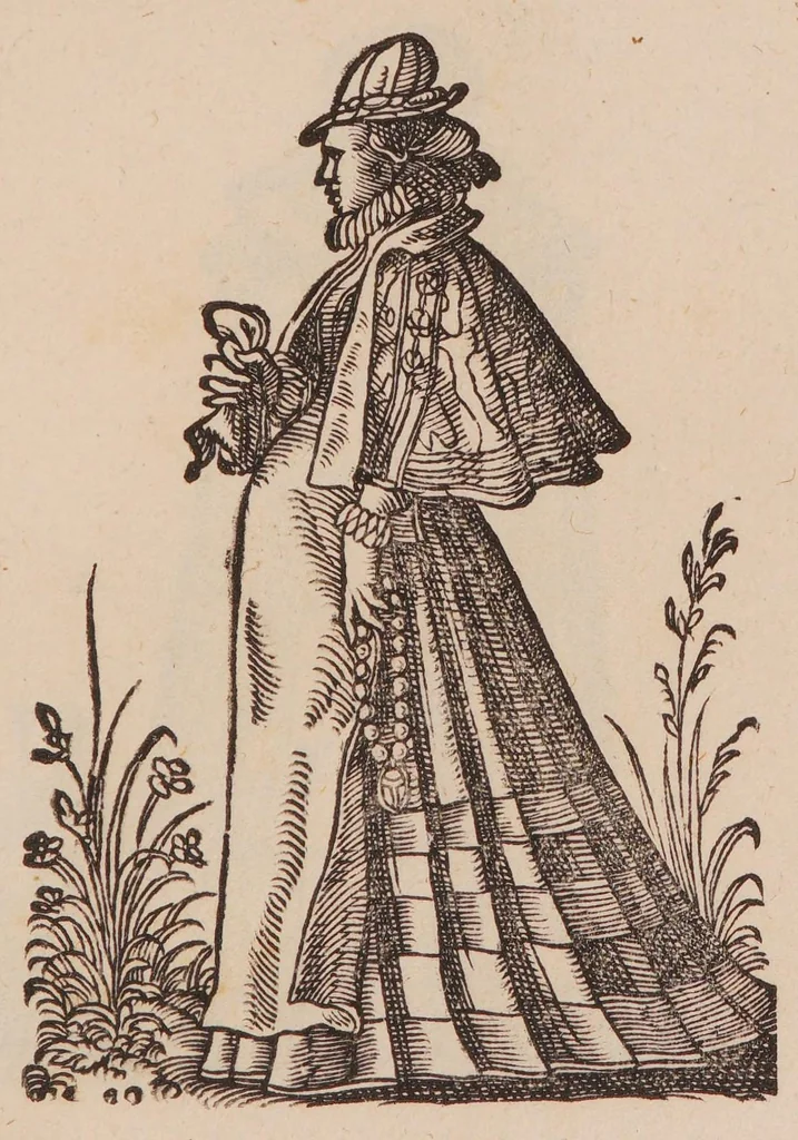 An illustration from Im Frauwenzimmer Wirt vermeldt von allerley schönen Kleidungen unnd Trachten der Weiber, hohes und niders Stands, wie Man fast an allen Orten geschmückt unnd gezieret ist ... Sampt einer kurtzen Beschreibung durch den wolgelehrten Thrasibulum Torrentinum Mutislariensem allen ehrliebenden Frauwen und Jungfrauwen zu ehren in Rheimem verfasst, 1586, leaf 43