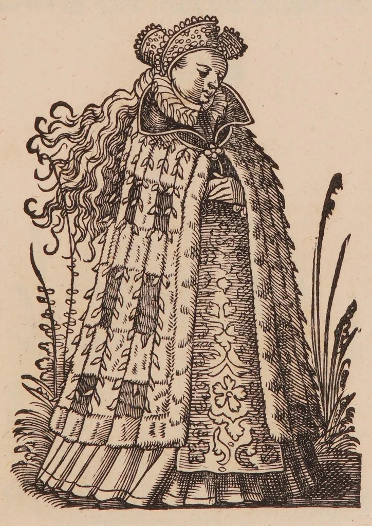 An illustration from Im Frauwenzimmer Wirt vermeldt von allerley schönen Kleidungen unnd Trachten der Weiber, hohes und niders Stands, wie Man fast an allen Orten geschmückt unnd gezieret ist ... Sampt einer kurtzen Beschreibung durch den wolgelehrten Thrasibulum Torrentinum Mutislariensem allen ehrliebenden Frauwen und Jungfrauwen zu ehren in Rheimem verfasst, 1586, leaf 53