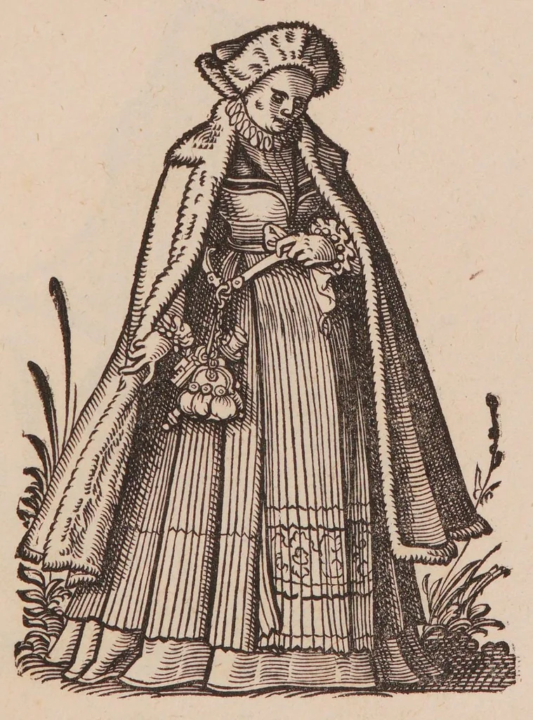An illustration from Im Frauwenzimmer Wirt vermeldt von allerley schönen Kleidungen unnd Trachten der Weiber, hohes und niders Stands, wie Man fast an allen Orten geschmückt unnd gezieret ist ... Sampt einer kurtzen Beschreibung durch den wolgelehrten Thrasibulum Torrentinum Mutislariensem allen ehrliebenden Frauwen und Jungfrauwen zu ehren in Rheimem verfasst, 1586, leaf 55