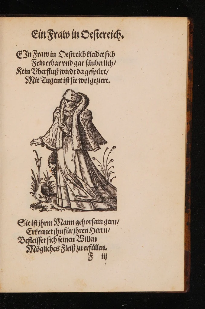 An illustration from Im Frauwenzimmer Wirt vermeldt von allerley schönen Kleidungen unnd Trachten der Weiber, hohes und niders Stands, wie Man fast an allen Orten geschmückt unnd gezieret ist ... Sampt einer kurtzen Beschreibung durch den wolgelehrten Thrasibulum Torrentinum Mutislariensem allen ehrliebenden Frauwen und Jungfrauwen zu ehren in Rheimem verfasst, 1586, leaf 57