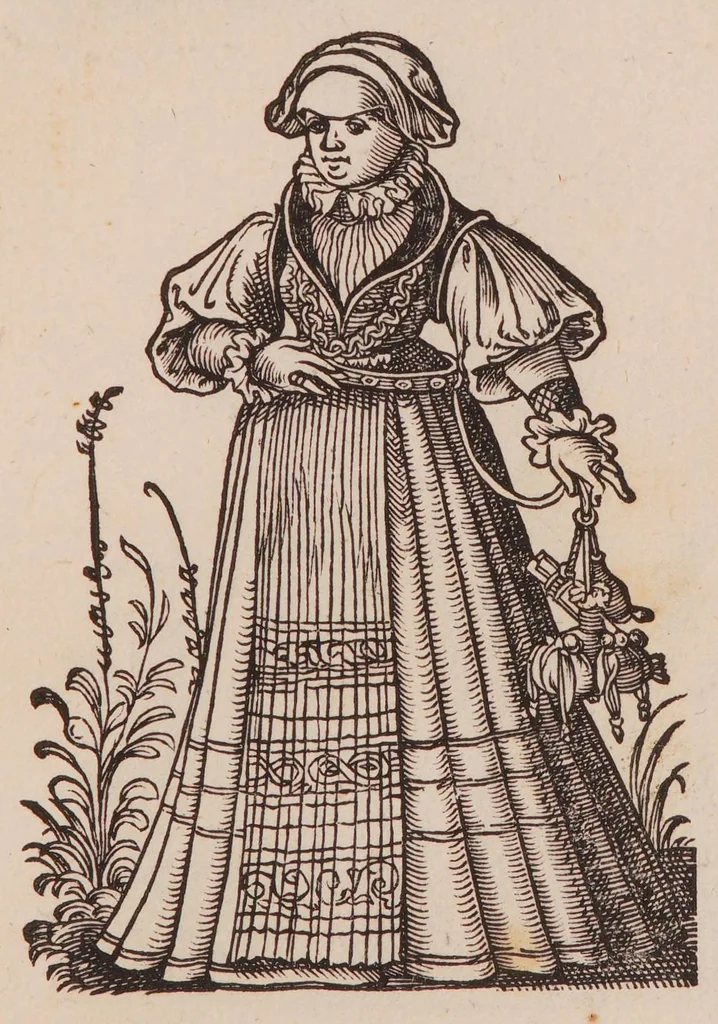 An illustration from Im Frauwenzimmer Wirt vermeldt von allerley schönen Kleidungen unnd Trachten der Weiber, hohes und niders Stands, wie Man fast an allen Orten geschmückt unnd gezieret ist ... Sampt einer kurtzen Beschreibung durch den wolgelehrten Thrasibulum Torrentinum Mutislariensem allen ehrliebenden Frauwen und Jungfrauwen zu ehren in Rheimem verfasst, 1586, leaf 75