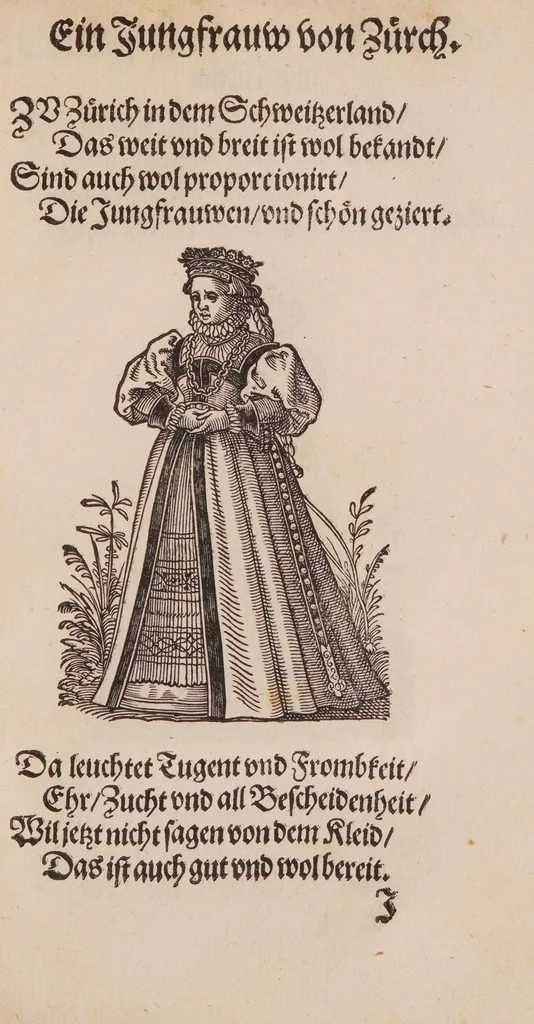An illustration from Im Frauwenzimmer Wirt vermeldt von allerley schönen Kleidungen unnd Trachten der Weiber, hohes und niders Stands, wie Man fast an allen Orten geschmückt unnd gezieret ist ... Sampt einer kurtzen Beschreibung durch den wolgelehrten Thrasibulum Torrentinum Mutislariensem allen ehrliebenden Frauwen und Jungfrauwen zu ehren in Rheimem verfasst, 1586, leaf 77