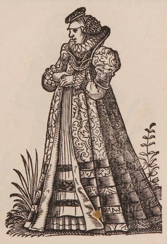 An illustration from Im Frauwenzimmer Wirt vermeldt von allerley schönen Kleidungen unnd Trachten der Weiber, hohes und niders Stands, wie Man fast an allen Orten geschmückt unnd gezieret ist ... Sampt einer kurtzen Beschreibung durch den wolgelehrten Thrasibulum Torrentinum Mutislariensem allen ehrliebenden Frauwen und Jungfrauwen zu ehren in Rheimem verfasst, 1586, leaf 79