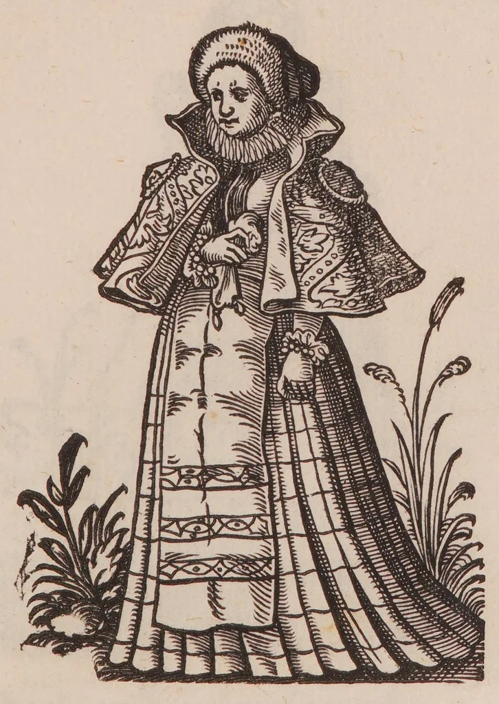 An illustration from Im Frauwenzimmer Wirt vermeldt von allerley schönen Kleidungen unnd Trachten der Weiber, hohes und niders Stands, wie Man fast an allen Orten geschmückt unnd gezieret ist ... Sampt einer kurtzen Beschreibung durch den wolgelehrten Thrasibulum Torrentinum Mutislariensem allen ehrliebenden Frauwen und Jungfrauwen zu ehren in Rheimem verfasst, 1586, leaf 81