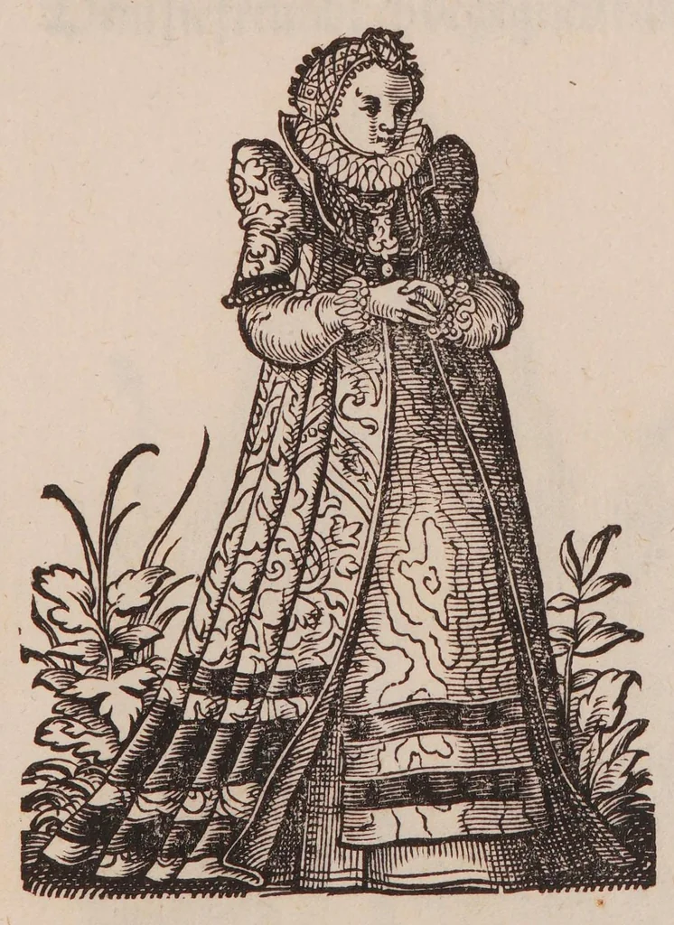 An illustration from Im Frauwenzimmer Wirt vermeldt von allerley schönen Kleidungen unnd Trachten der Weiber, hohes und niders Stands, wie Man fast an allen Orten geschmückt unnd gezieret ist ... Sampt einer kurtzen Beschreibung durch den wolgelehrten Thrasibulum Torrentinum Mutislariensem allen ehrliebenden Frauwen und Jungfrauwen zu ehren in Rheimem verfasst, 1586, leaf 83