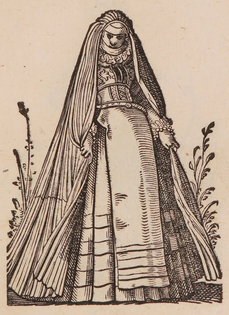 An illustration from Im Frauwenzimmer Wirt vermeldt von allerley schönen Kleidungen unnd Trachten der Weiber, hohes und niders Stands, wie Man fast an allen Orten geschmückt unnd gezieret ist ... Sampt einer kurtzen Beschreibung durch den wolgelehrten Thrasibulum Torrentinum Mutislariensem allen ehrliebenden Frauwen und Jungfrauwen zu ehren in Rheimem verfasst, 1586, leaf 85