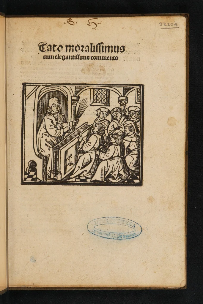 An illustration from Cato moralissimus cum elegantissimo commento [fratris Roberti de Euromodo], 1506, leaf 9