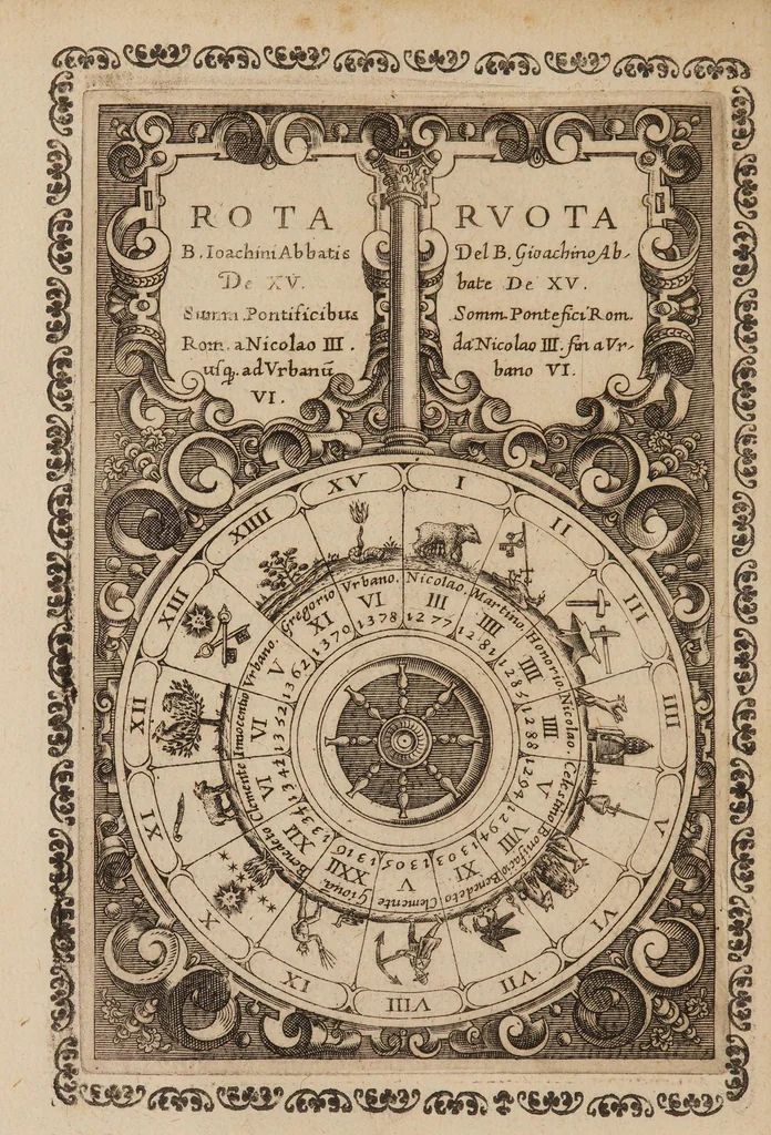 An illustration from Vaticinia, seu praedictiones illustrium virorum sex rotis aere incisis compraensa de successione Summ. Pontificis Rom., 1600, leaf 16