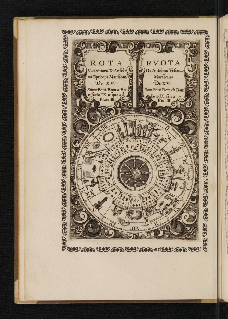An illustration from Vaticinia, seu praedictiones illustrium virorum sex rotis aere incisis compraensa de successione Summ. Pontificis Rom., 1600, leaf 20
