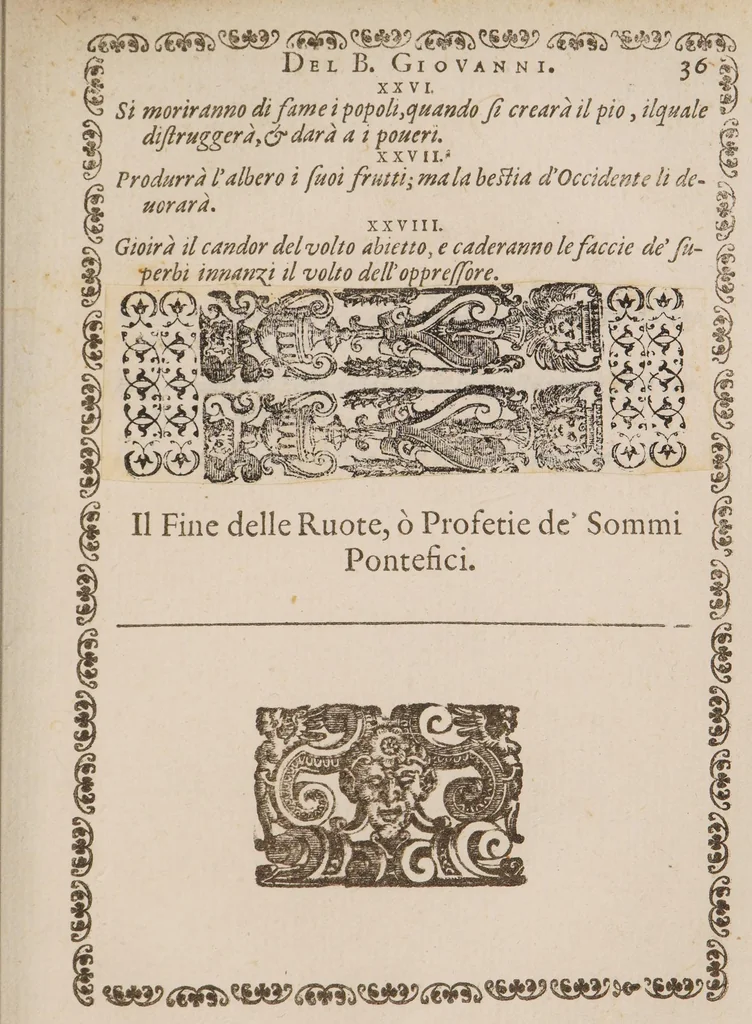 An illustration from Vaticinia, seu praedictiones illustrium virorum sex rotis aere incisis compraensa de successione Summ. Pontificis Rom., 1600, leaf 83